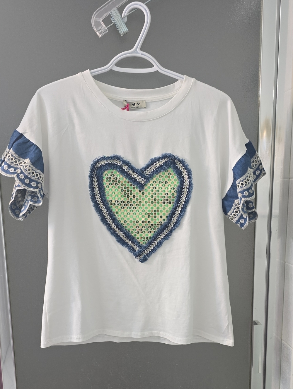 DENIM White Tee with Green Sequin Heart and Blue Trim